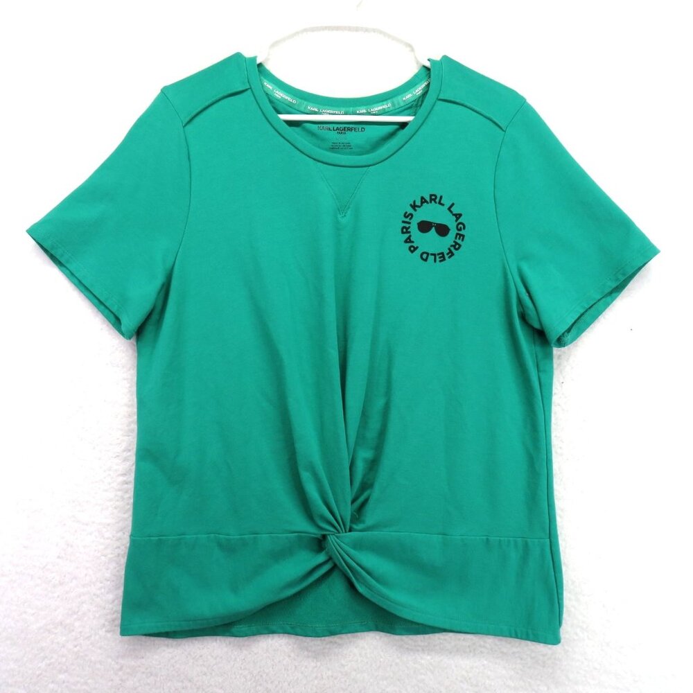 Karl Lagerfeld Paris Shirt Womens Large Green Twist Front Graphic Logo Tee Top